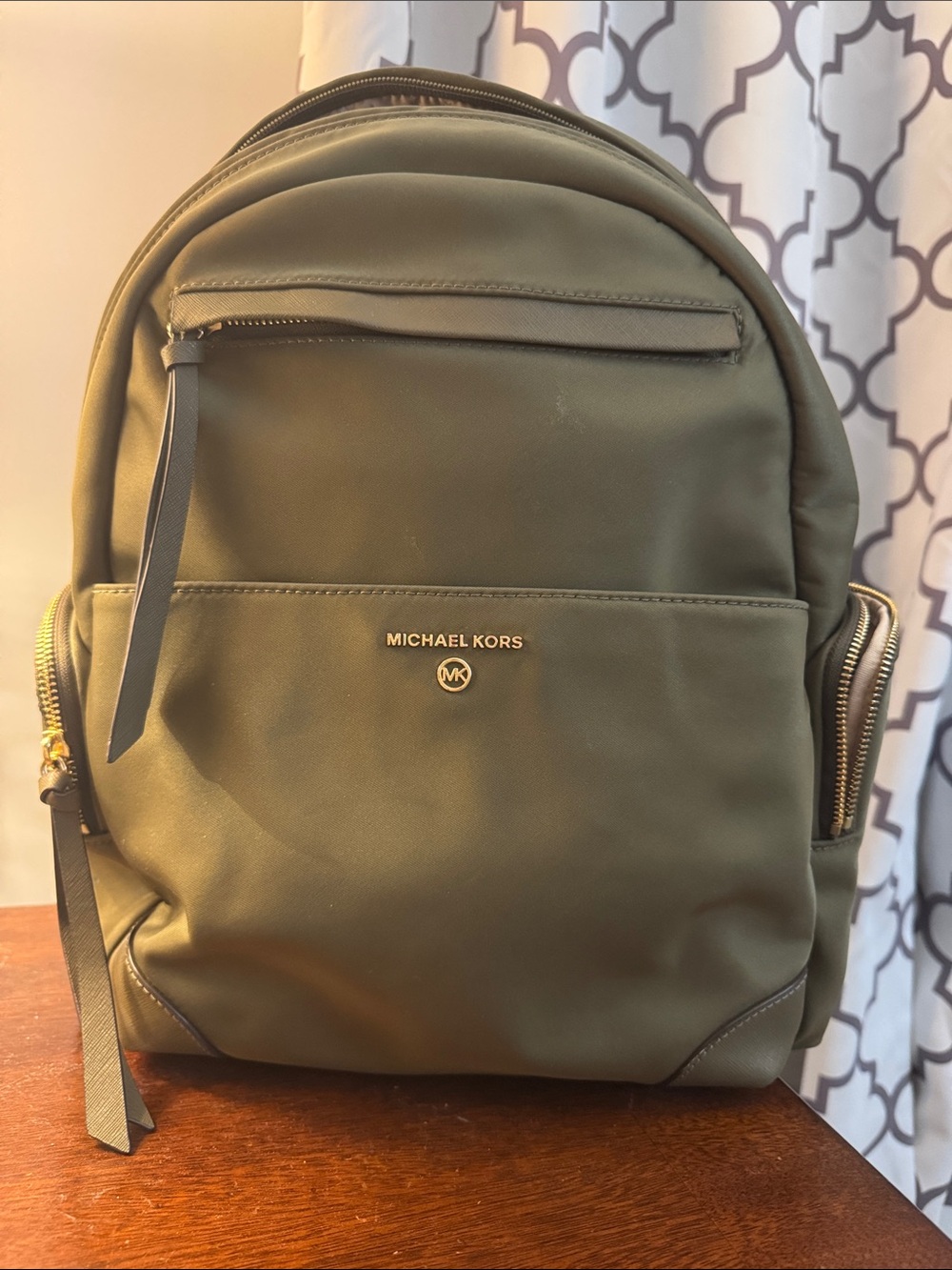 MICHAEL KORS Olive Green Nylon Backpack with Gold Logo